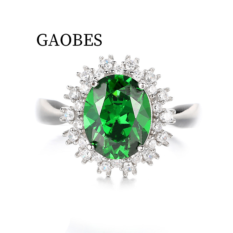 Elegant S925 Sterling Silver Emerald Green Ring with Full Diamond Setting, Women's Luxury Minimalist Jewelry