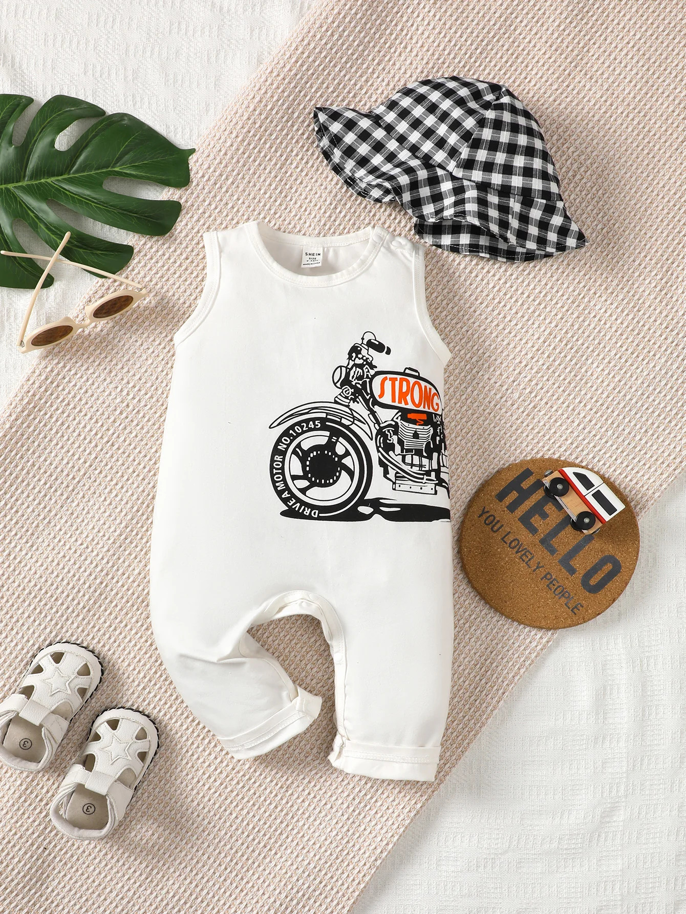 Simple Style Pure White Baby Boy Vest Jumpsuit Round Neck Sleeveless Motorcycle Print Jumpsuit Black And White Checkered Hat 250528
