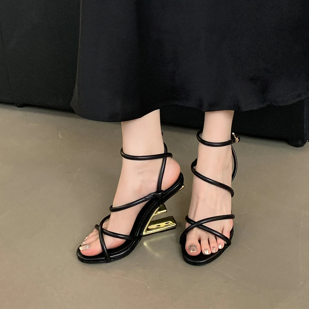 Aneikeh Summer Fashion Fretwork Heels Cross Striped Color Blocked High-heeled Sandals Women Ankle Buckle Strap Gladiator Shoes 250526