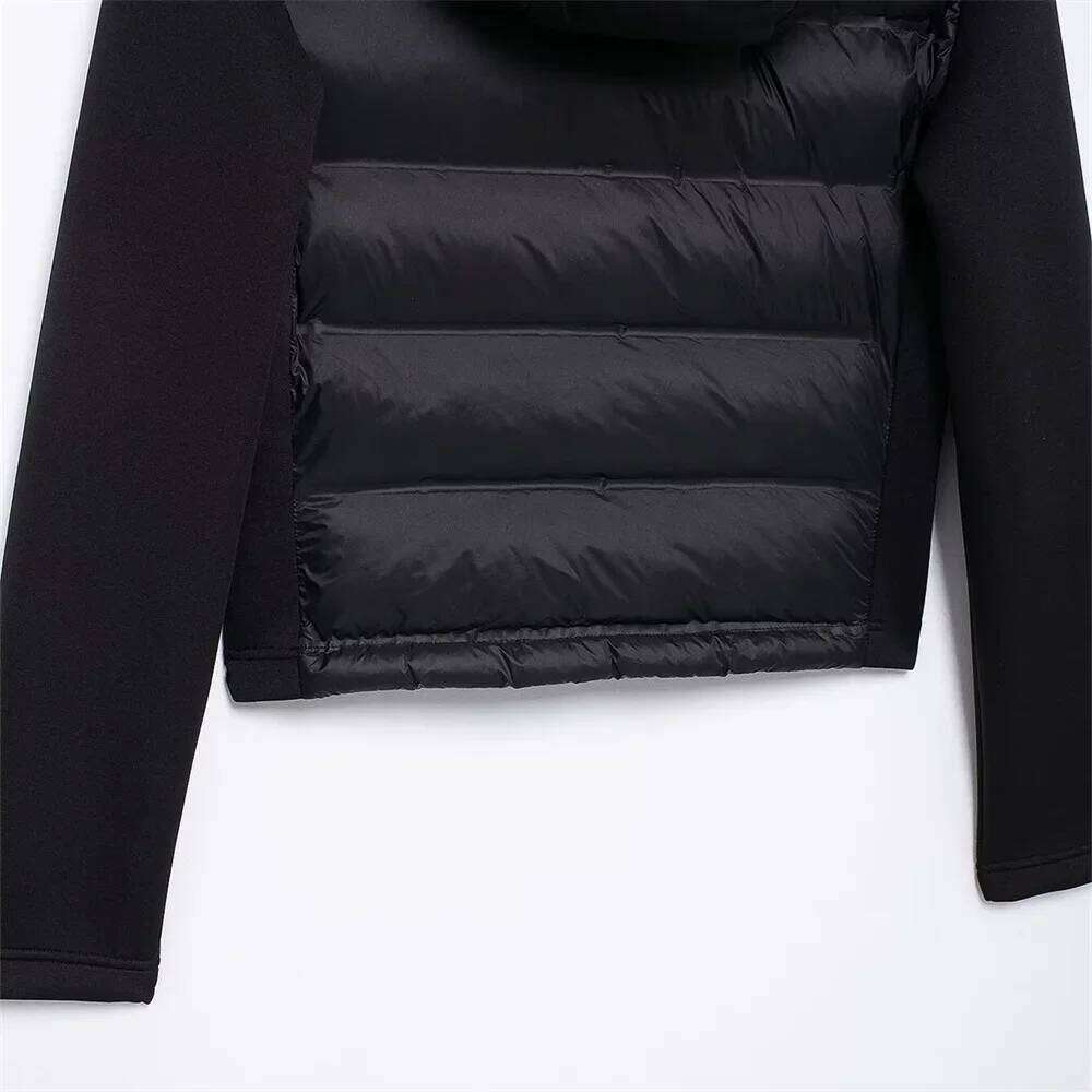 ZBZA Woman's Neoprene Effect Jacket High Collar Long Sleeves Hooded Splice Warm Overcoat Autumn Winter New Female Chic Outerwear