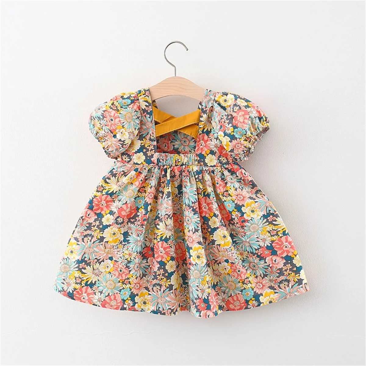 Baby Girl Beach Outfit Baby Sweet Floral Cross Over Short Sleeved Cotton Loose Fitting Dress For Summer Wear X250528