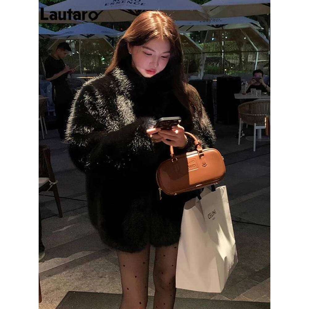 Lautaro Autumn Winter Black Soft Thick Warm Hairy Shaggy Faux Fox Fur Coat Women Stand Collar Long Sleeve Fluffy Jacket 2023