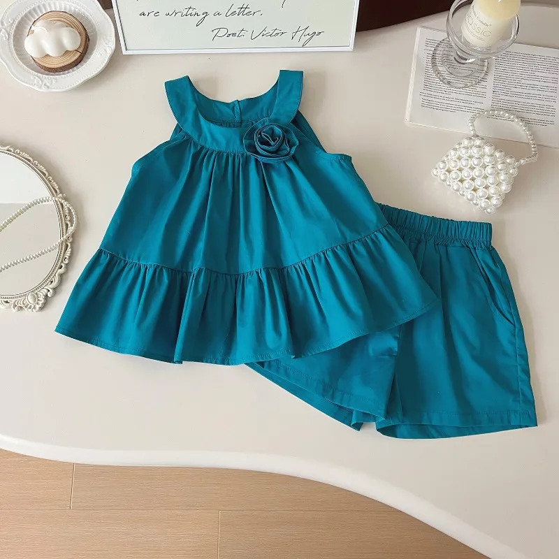 Summer Girls 3D Flowers Vest Dress Sleeveless Blouse Tops Shorts Sets Twin Sisters Family Matching Outfits A24297 250528
