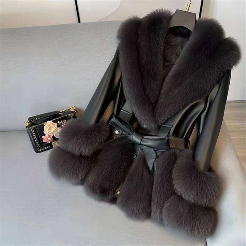 Faux Fur Coat for Women,Adjustable Waist Leather Jacket,Turn-down Collar, Thick Warm Clothes, High Quality, Autumn and Winter