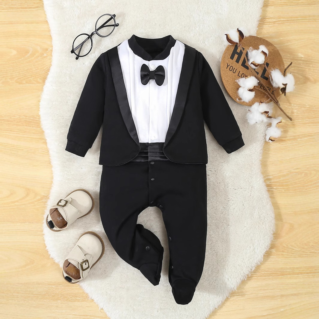Baby Baptism Outfit Boy Infant Elegant Chic Tuxedo Gentleman Wedding Formal Footie White One Piece Suit born To 9 Months 241226