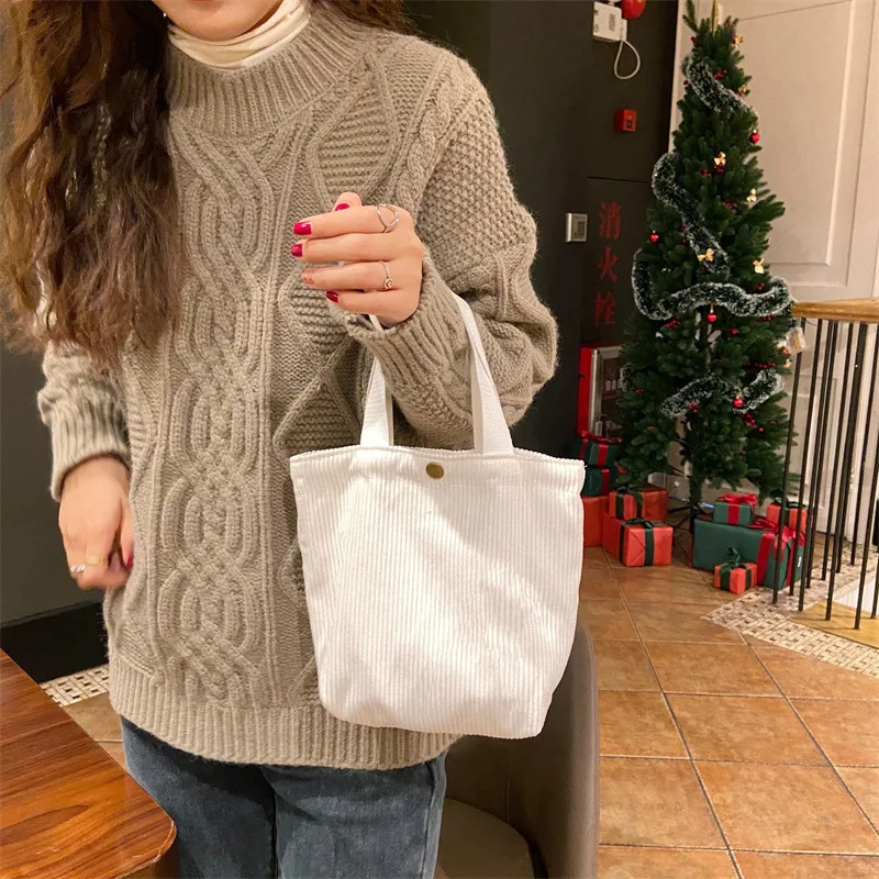 Cute Corduroy Shopper Tote Bag Woman Girls Lady Travel Shopping Cloth Handbags Lunch Bag Small Portable Hand Pouch Bag Organizer 250526