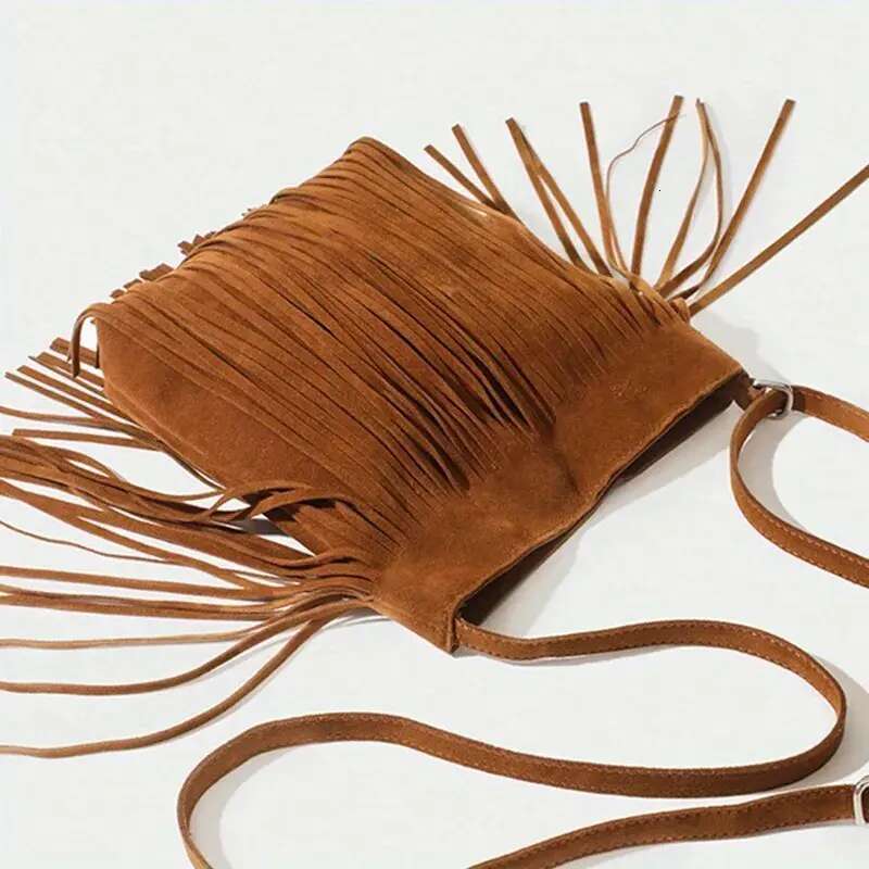 Brown Suede Elegant Crossbody with Adjustable Strap - Hand Washable, Solid Color, Buckle Closure, Polyester Lined, No Oil Edges Fringe Shoulder Bag