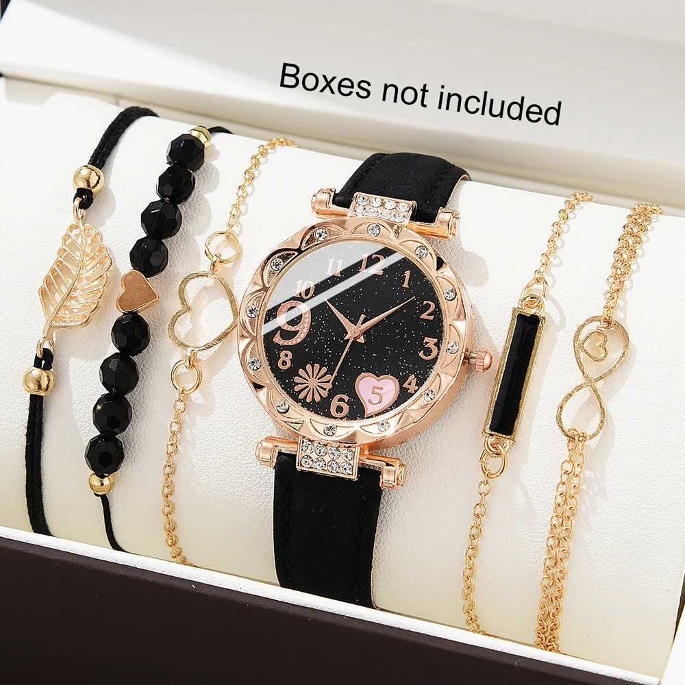 6PCS Set Watch For Women Luxury Leather Analog Ladies Quartz Wrist Watch Fashion Bracelet Watch Set Female Relogio FemininoXJ250527