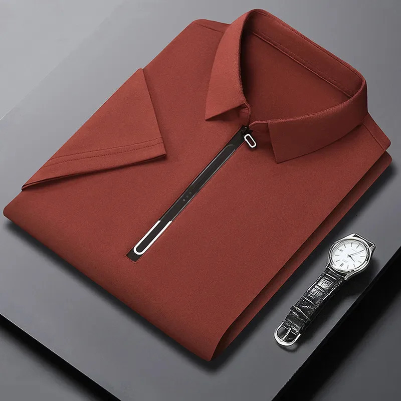 Mens Business Casual Zipper Short Sleeve Solid Color Polo Shirt Fashionable Warm Comfortable Four Seasons Versatile Top 250526