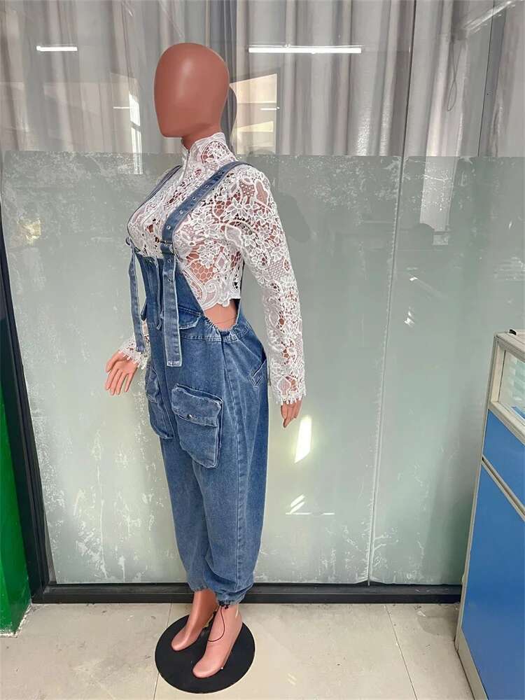 Jumpsuit Women Denim Cargo Pants Wide Leg Pockets Casual Cool Fashion Street Wear Romper Wholesale Dropshipping New Style