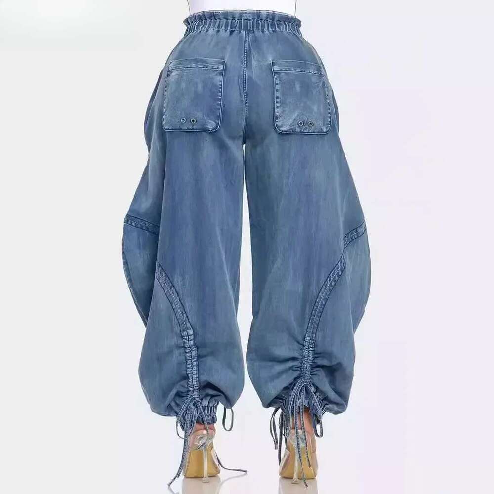 Women Streetwear Drawstring Fashion Fly Denim Pants 2024 Autumn Loose Safari Style Cargo Harem Hip Hop Jeans