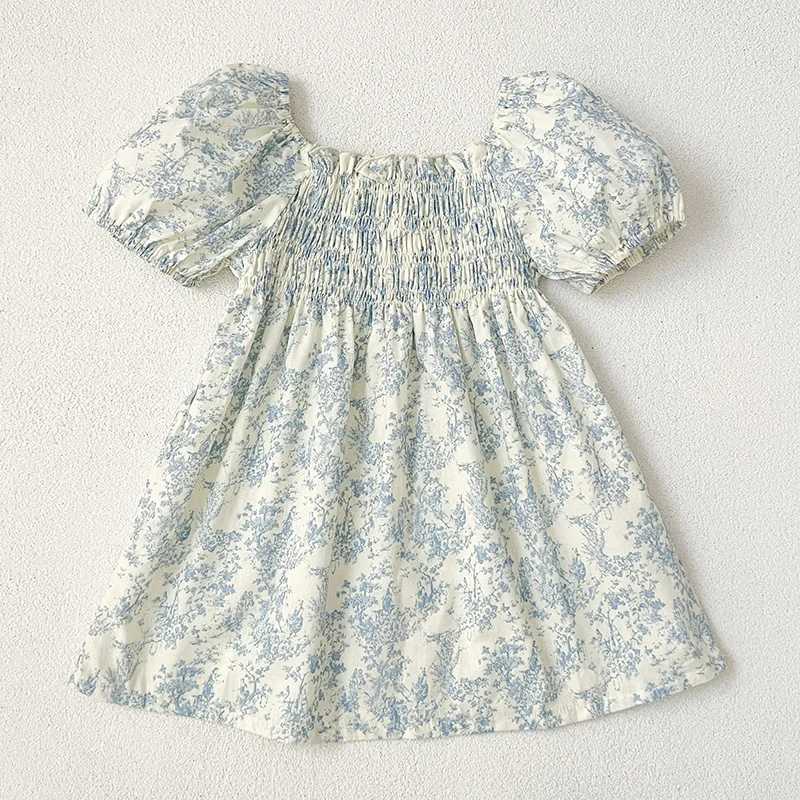 New Summer Clothes Baby Girls Princess Dresses Puff Sleeve Blue Flower Toddlers Vacation Kids Cotton Cute Dress Korean Style X250528