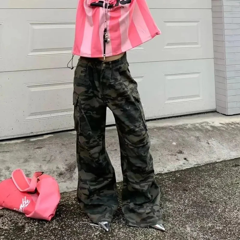 Women Y2K Camouflage Cargo Jeans Vintage High Waist Hip Hop Wide Leg Pants Female Street Wear Baggy Straight Denim Trouser 250526