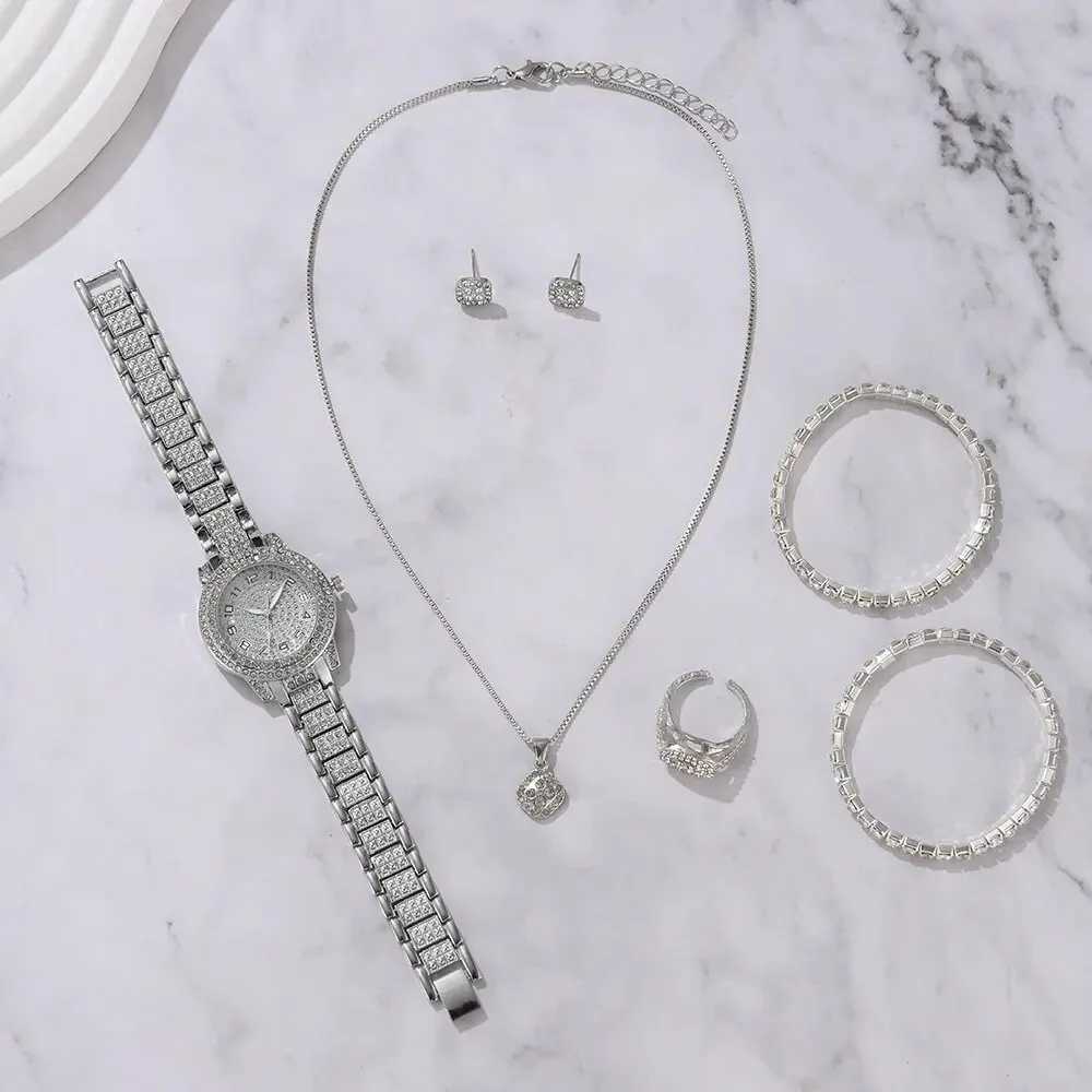 6PCS Women Watch Luxury Elegant Alloy Watch Crystal Wristwatch For Ladies Gift Quartz Watch Alloy Rhinestone Bracelet Watch XJ250527