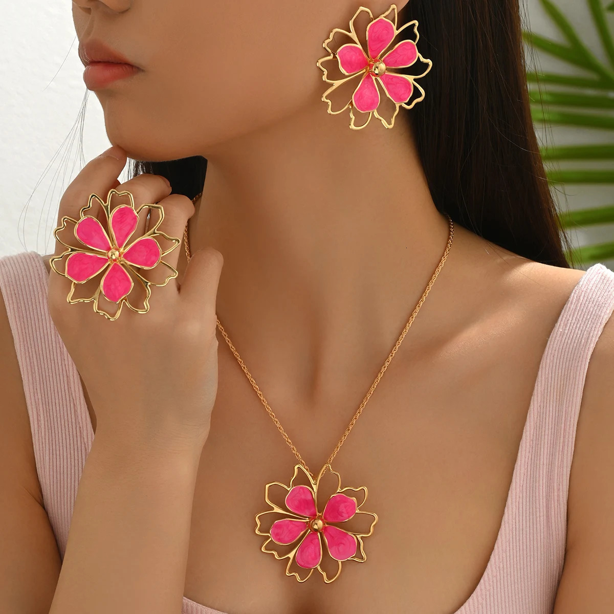 Trendy Colorful Hollow Enamel Flower Earrings Necklaces Rings for Women Bohemia Exquisite Floral Jewelry Sets Summer Accessories 250527