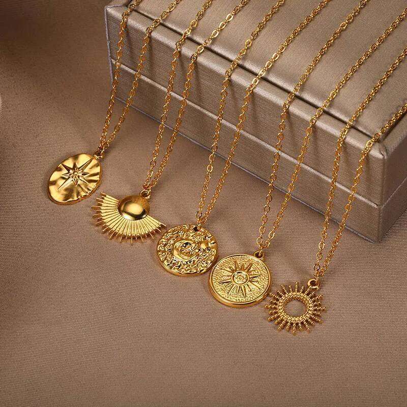 Fashion Stainless Steel Geometric For Women Gold Color Sun Ray Pendant Necklace Bohemian Jewelry Gift