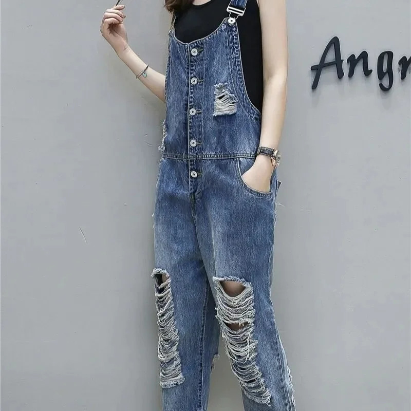 Loose Hole Denim Overalls Women Retro Jeans Suspenders Ankle-Length Pants Hollow Out Streetwear Students Jeans Spring Autumn 250523