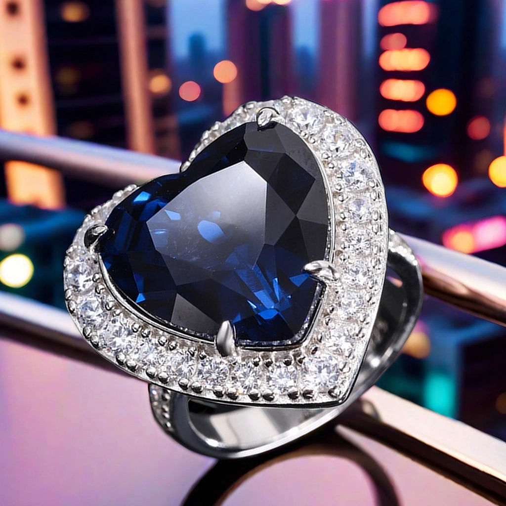 15*15 Love heart Jewelry Set S925 sterling Silver Royal Blue High Carbon Diamond Ring, Pendant Necklace, Earrings ,Antique Classic Elegant Precious Je