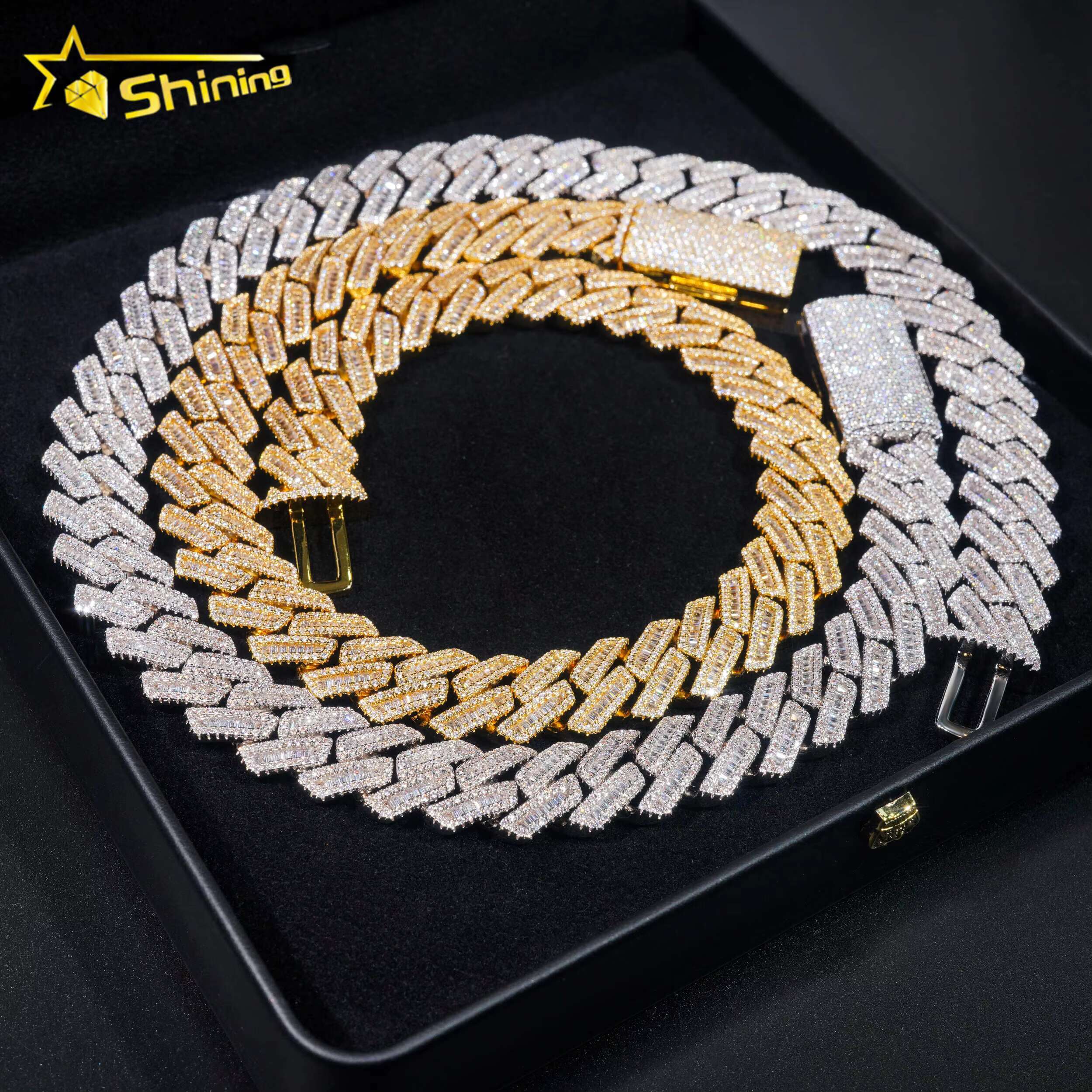 Wholesale Jewelry Price Fashion Men Necklace Brass Gold Plated Cz Diamond 17mm Hip Hop Iced Out baguette Cuban Link Chain