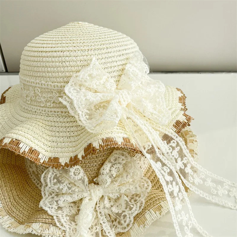 Kids Baby Girls Sun Hat And Straw Beach Bag Set with Elegant Lace Bowknot Trim Wide Brim for Vacation Beach Toddlers 2pcs 250527