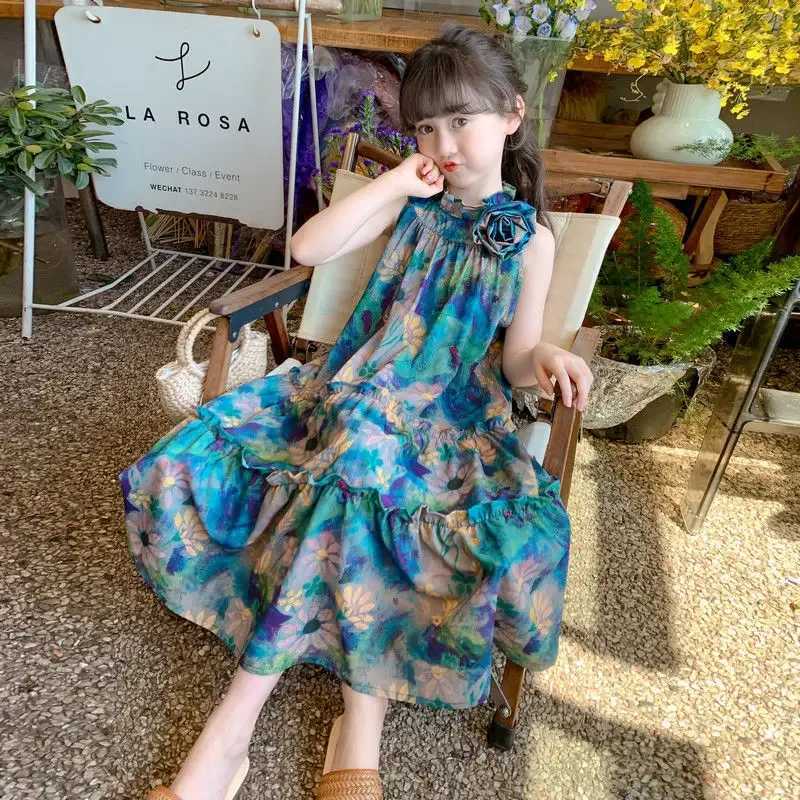 Girls Casual Dresses Blue Tie Dye Print Sleeveless Dress Party Dress for Kids Girl Princess Dress Girls Clothes X250528