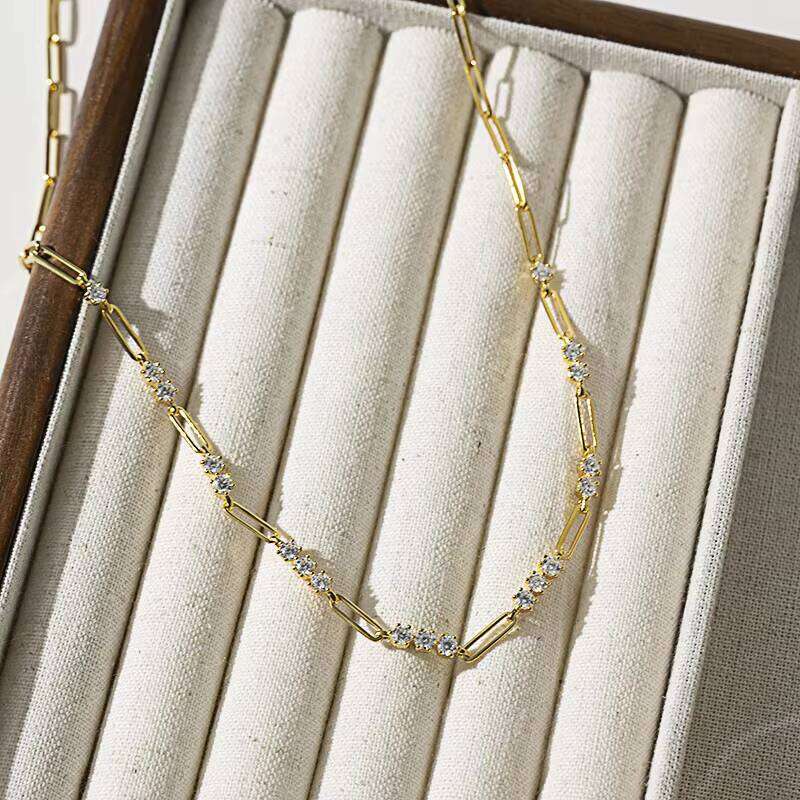 Fashion Jewelry INS Stacking Style 3MM Round Moissanite Paper Clip Collarbone Chain S Sier Gold Plated Women Necklace