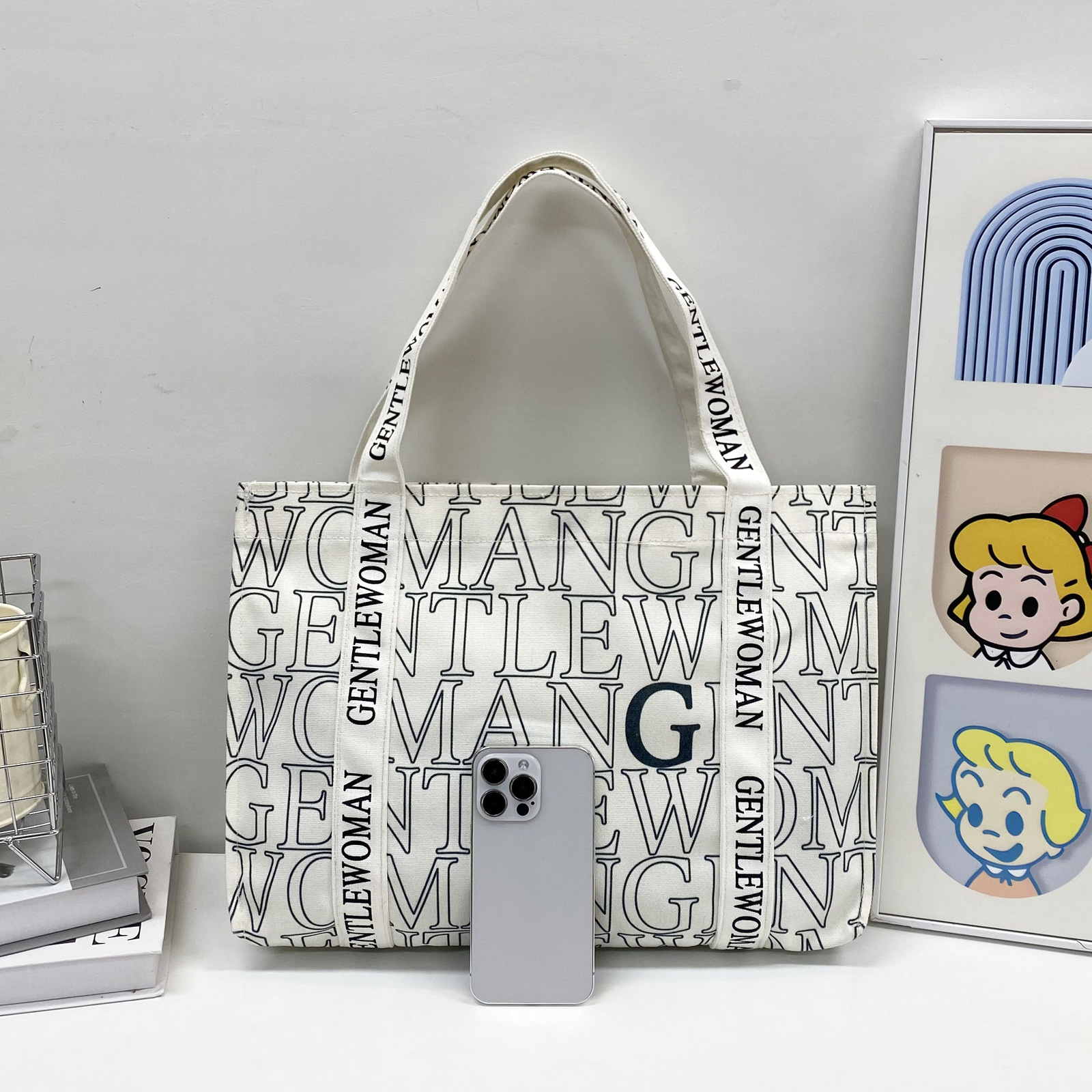Luxury Brand Designer Bag Korean Version Letter Tote With Large Capacity, Simple And Durable Canvas Shoulder Handbag, Shopping Bag, White-Collar Commu