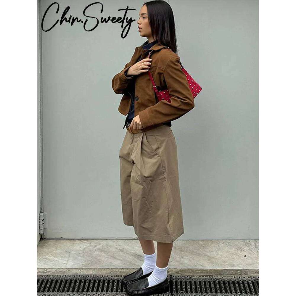 Women's Wear Vintage Suede Short Jackets Women Lapel Single Breasted Long Sleeves Deep Brown Coat Female Spring Summer Lady Streetwears