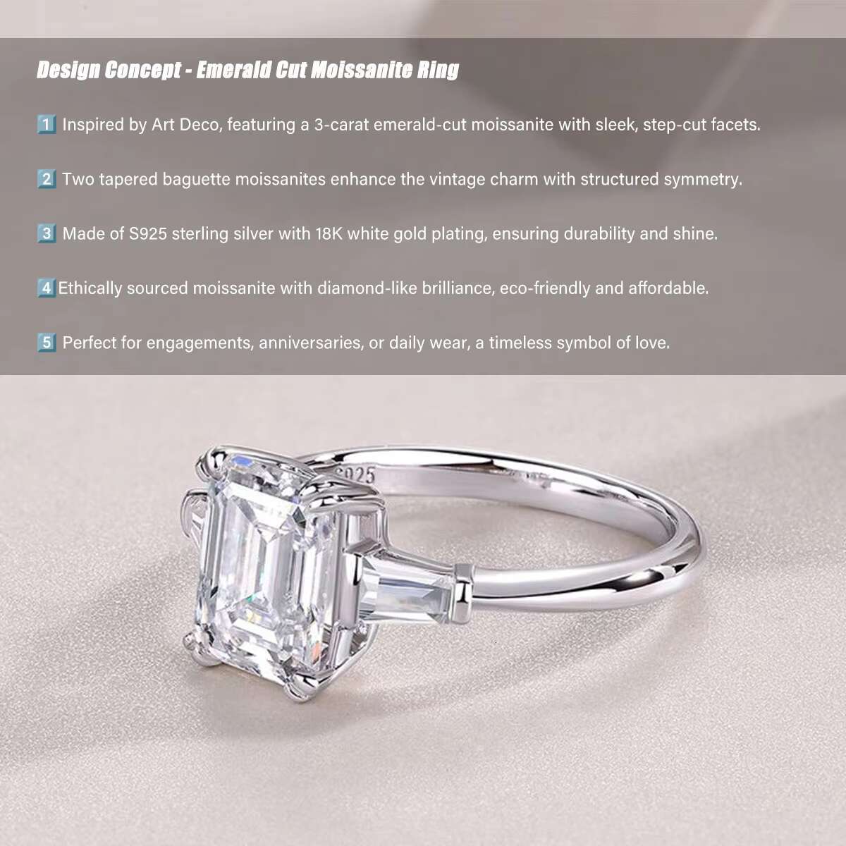 Emerald Cut Moissanite Ring S925 Sterling Silver 18K Gold Plated Engagement Wedding Jewelry for Women