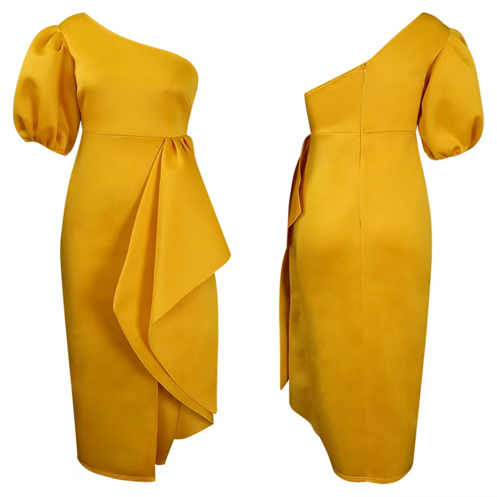 High - end dresses 2025 elegant waist - cinching puff sleeve off - shoulder banquet slit gown dresses Designer Luxury Dresses