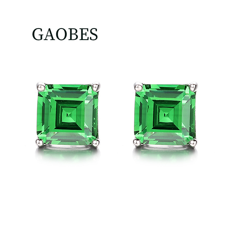 S925 Sterling Silver Minimalist Four-Prong Square Earrings with Green, Blue, Purple, and Pink Gemstones, Elegant and Small Luxury Studs