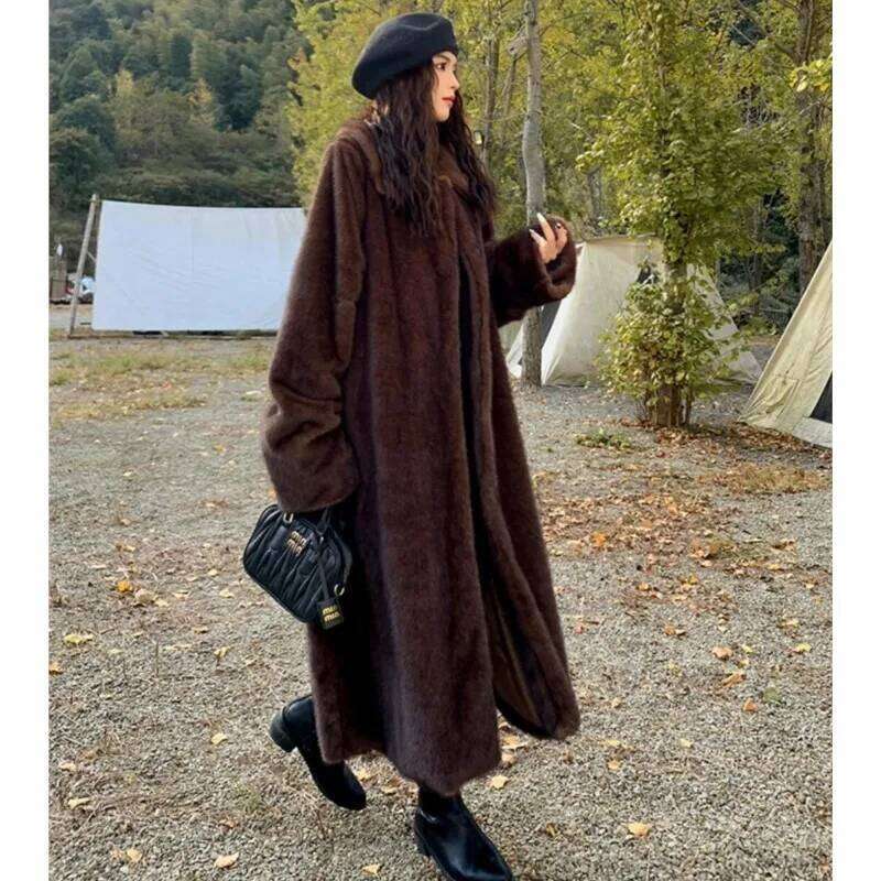 Winter Vintage Brown Lapel Mink Faux Fur CHIC Women Full Sleeve Loose Warm Below Knee Maxi Long Jacket Coat