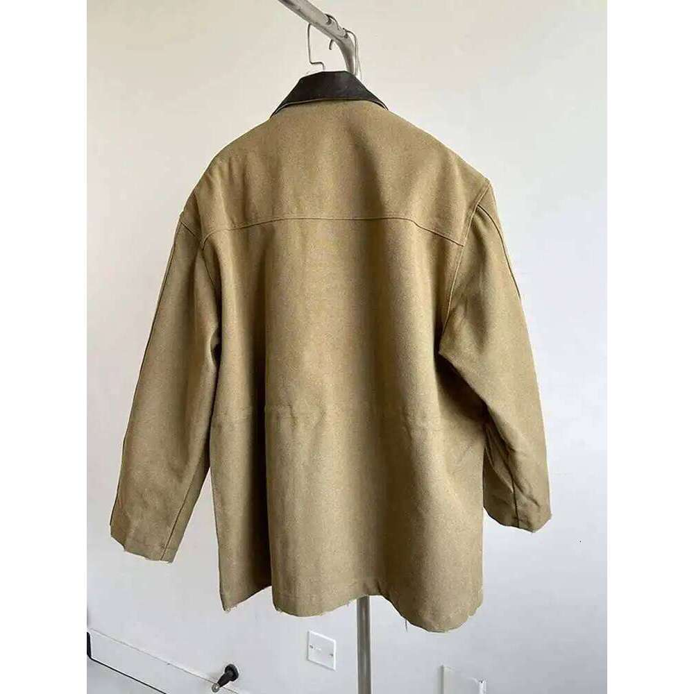 EAM Khaki Leather Collar Big Size Casual Jacket New Lapel Long Sleeve Women Coat Fashion Tide Spring Autumn 2025 1DH8168