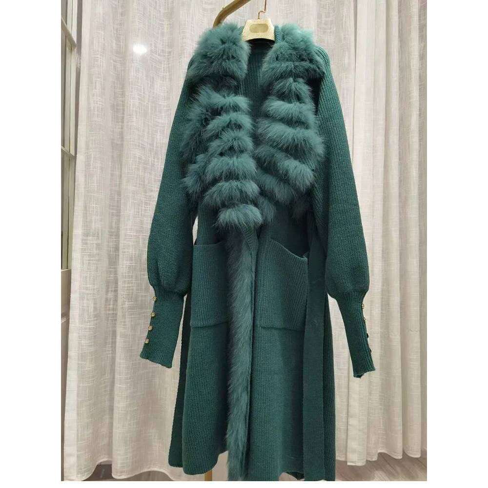 ZDFURS*2022 New Women Special Autumn Real Knitting OverSize Coat Fox Fur Collar Lady's Fashion Long Sweater Length 110cm