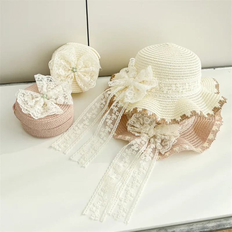 Kids Baby Girls Sun Hat And Straw Beach Bag Set with Elegant Lace Bowknot Trim Wide Brim for Vacation Beach Toddlers 2pcs 250527