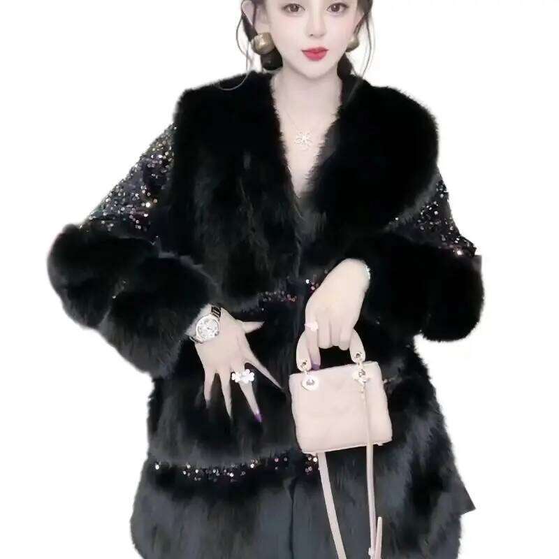 Faux Fur Coat for Women, Turn-down Collar Jacket, Loose Spliced Overcoat, Covered Button, Sequins, Female, New, Winter