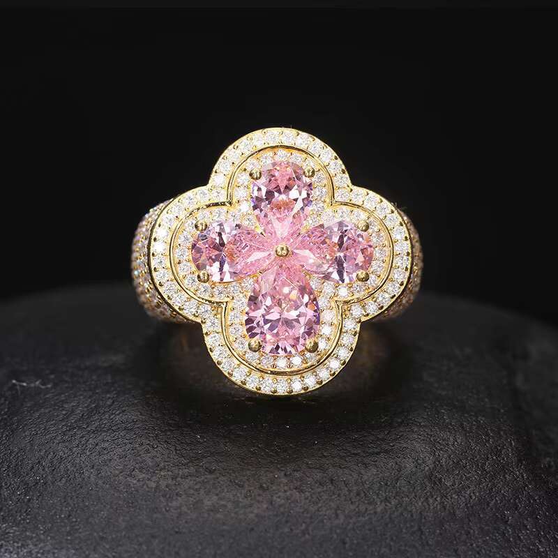Factory Price Luxury 925 Sterling Silver Ring Iced Out Women Men 18k Gold Plated Ring VVS Moissanite Flower Shape Hip Hop Ring