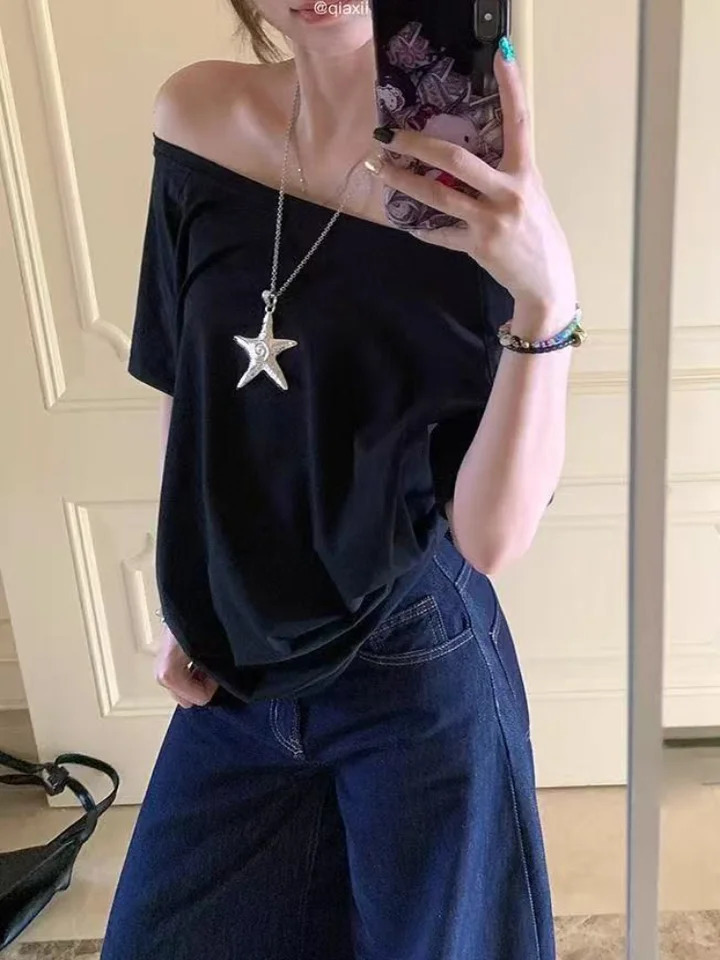 Tshirt Niche n Off Shoulder Solid Short Sleeve Summer Chic Loose Casual Daily Simple Sexy Korean Trendy Street Tops 250517