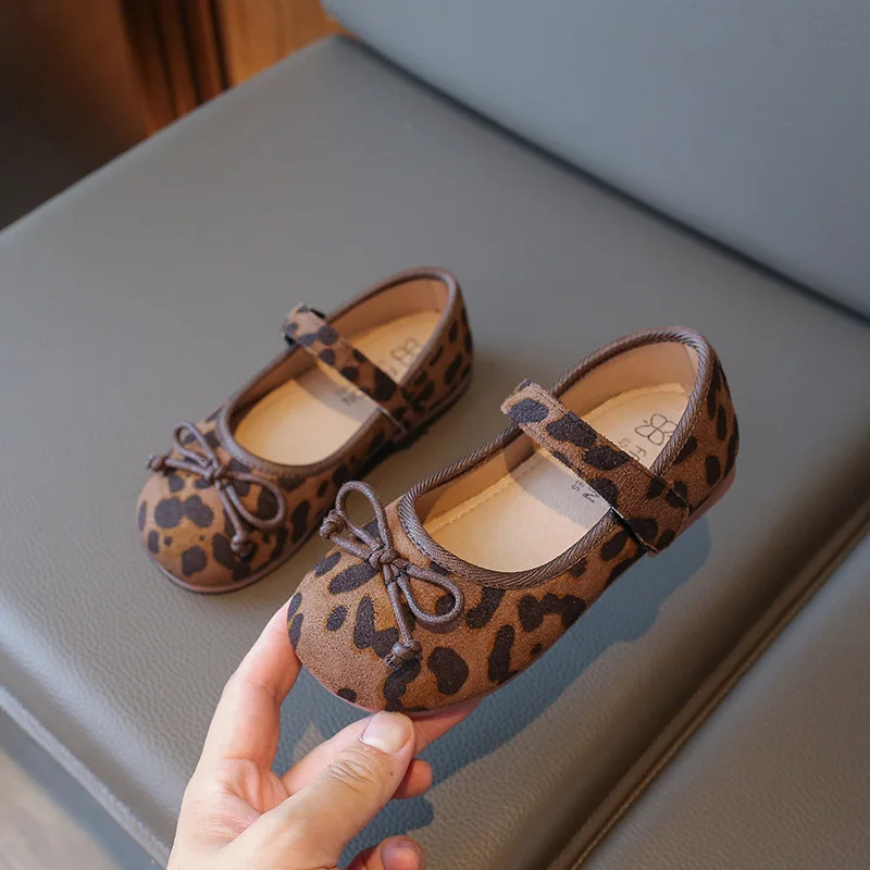 Kids Baby Girls Shoes Fashion Vintage Leopard Print Flat Single Shoes Cute Princess Ballet Mary Janes Shoes Anti-slip Large Size 250528