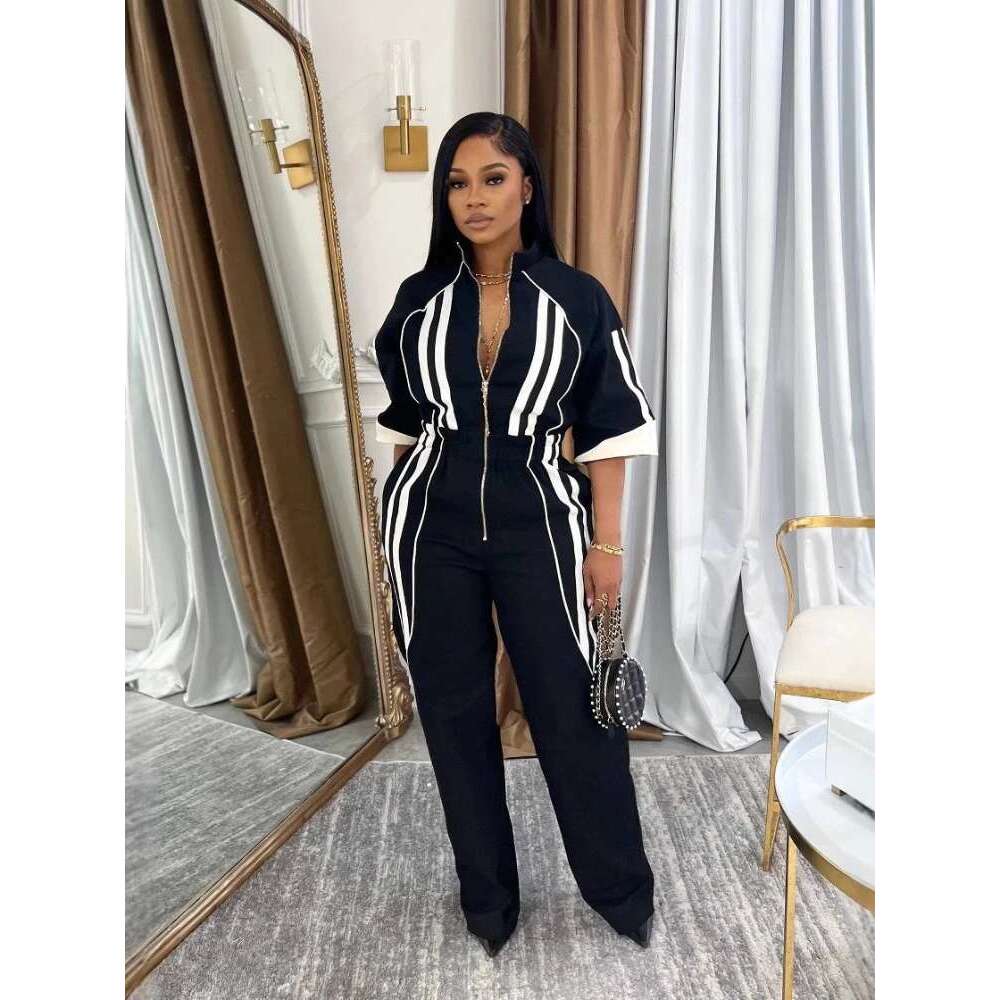 Women Half Sleeve High Waist Straight Wide Leg Jumpsuits Striped Cargo Active Holiday Night Party One Piece Suit Romper