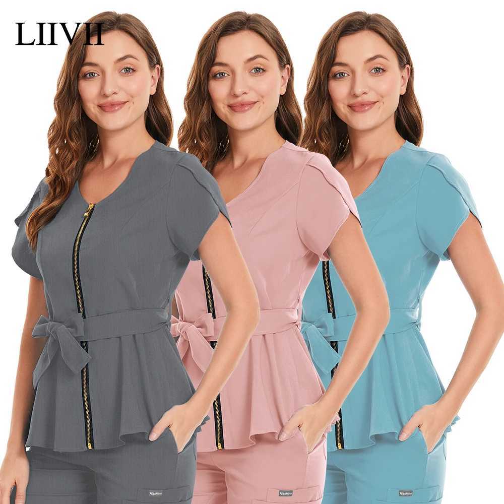 Short Slve Beauty Sn Workwear Temperament Womens Top Nursing Blouse Sexy Zip Scrub Tops Nursing Uniform T-Shirt 2 Pockets X250528