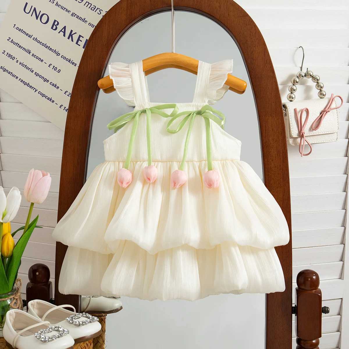 Summer New Style Two Tulip Suspender Flower Bud Skirt For Girls Aged 0-3 Double Layered Flying Sleeve Solid Color Dress X250528