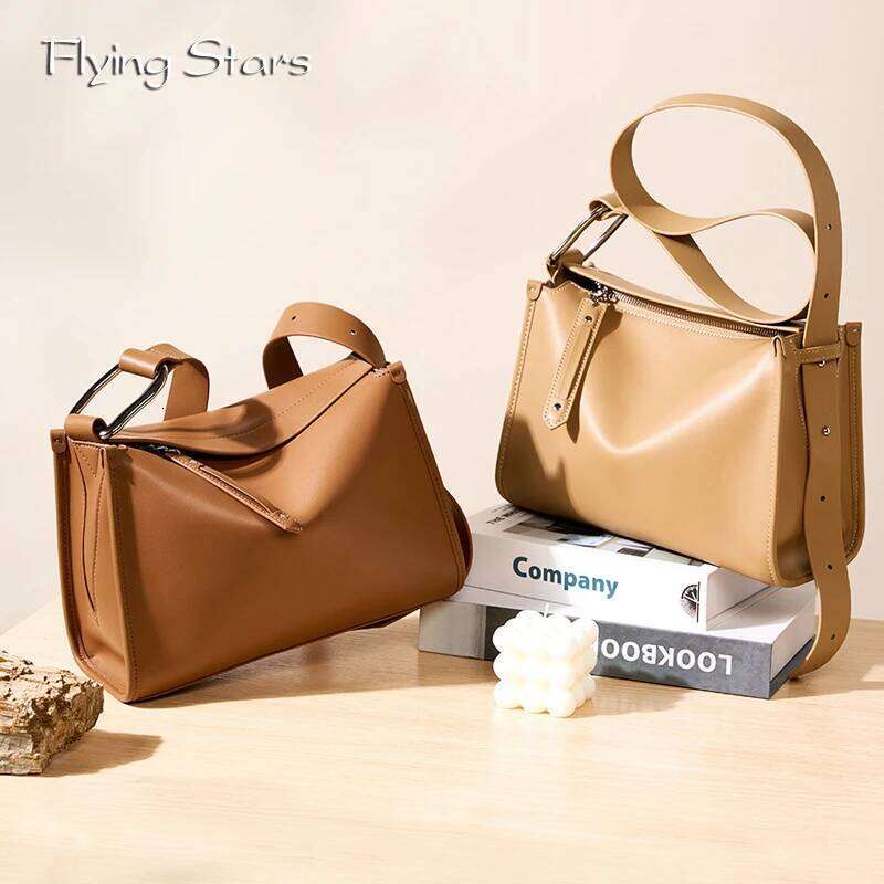 Women's Genuine Leather Large Capacity Diagonal Cross Bag Top Layer Cowhide Wide Shoulder Strap Fashionable Handbag