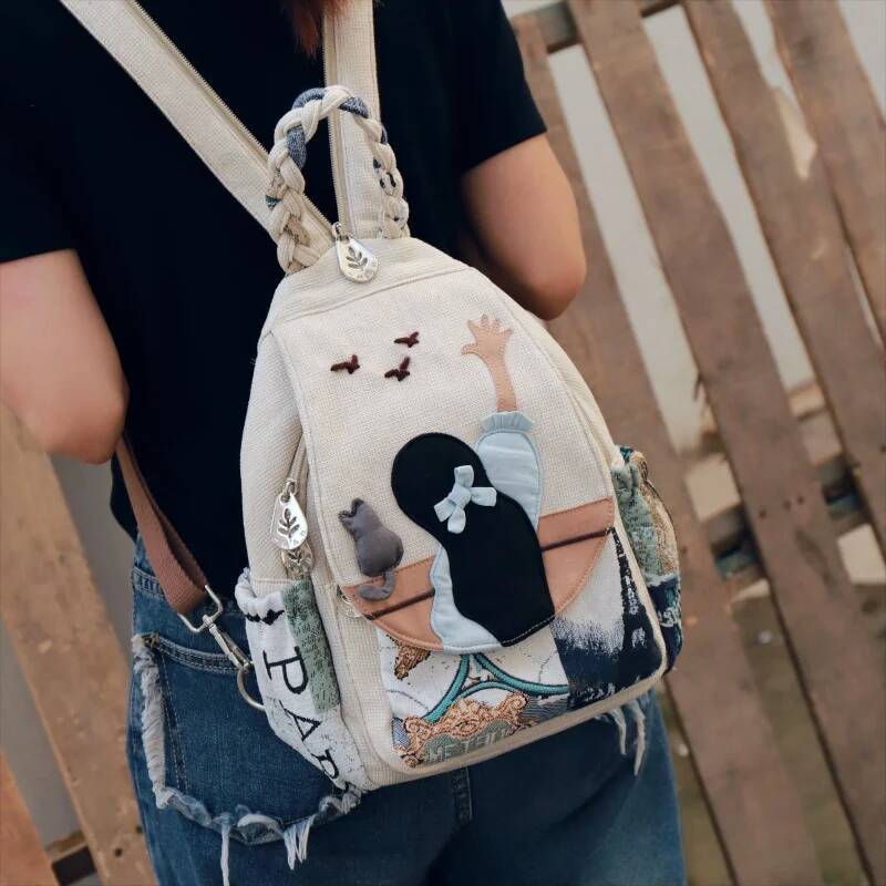 Fashion 3D National Embroidery Women High Quality Linen Female Daypack Lovely Girls Shopping Travel Backpack SAC