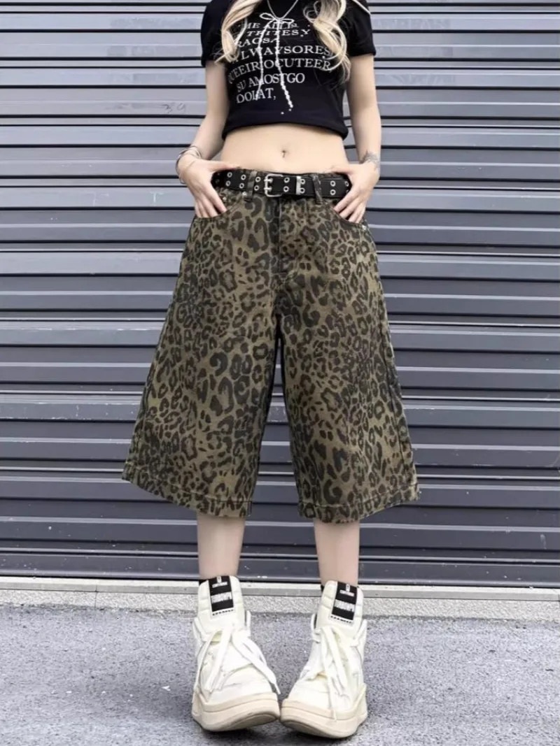 Vintage Leopard Print n Sevenpoint Trousers Street Personality Trendy Jeans Short High American Fashion Jean 250516Z