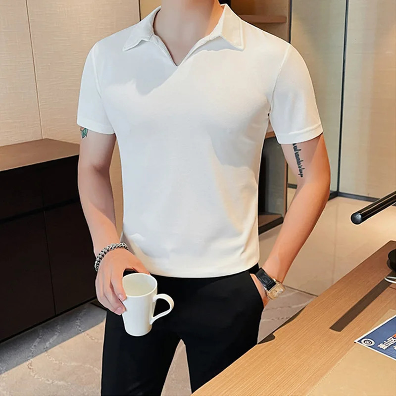 Summer Mens Clothing Jacquard Knit V Neck Short Sleeve Polo Shirt Leisure Breathable Fashion High Quality Knitwear S-3XL 250527