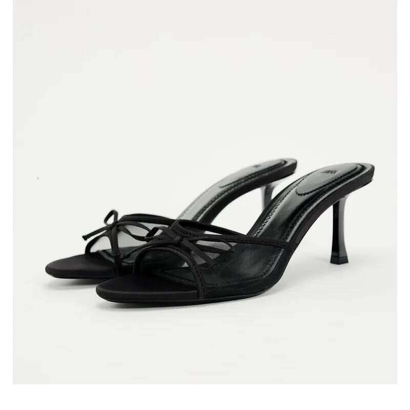 Women Heels Fashion Heel Slippers Lace Mesh Bow Sandals Zapatos De Mujer