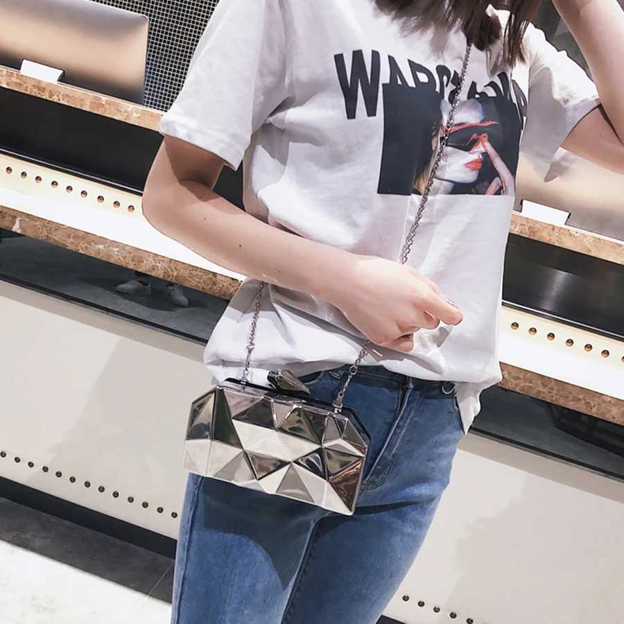 Women Handbags Metal High Quality Hexagon Clutches Fashion Geometric Mini Party Black Evening Purse Silver Bags Gold Box Clutch M250528