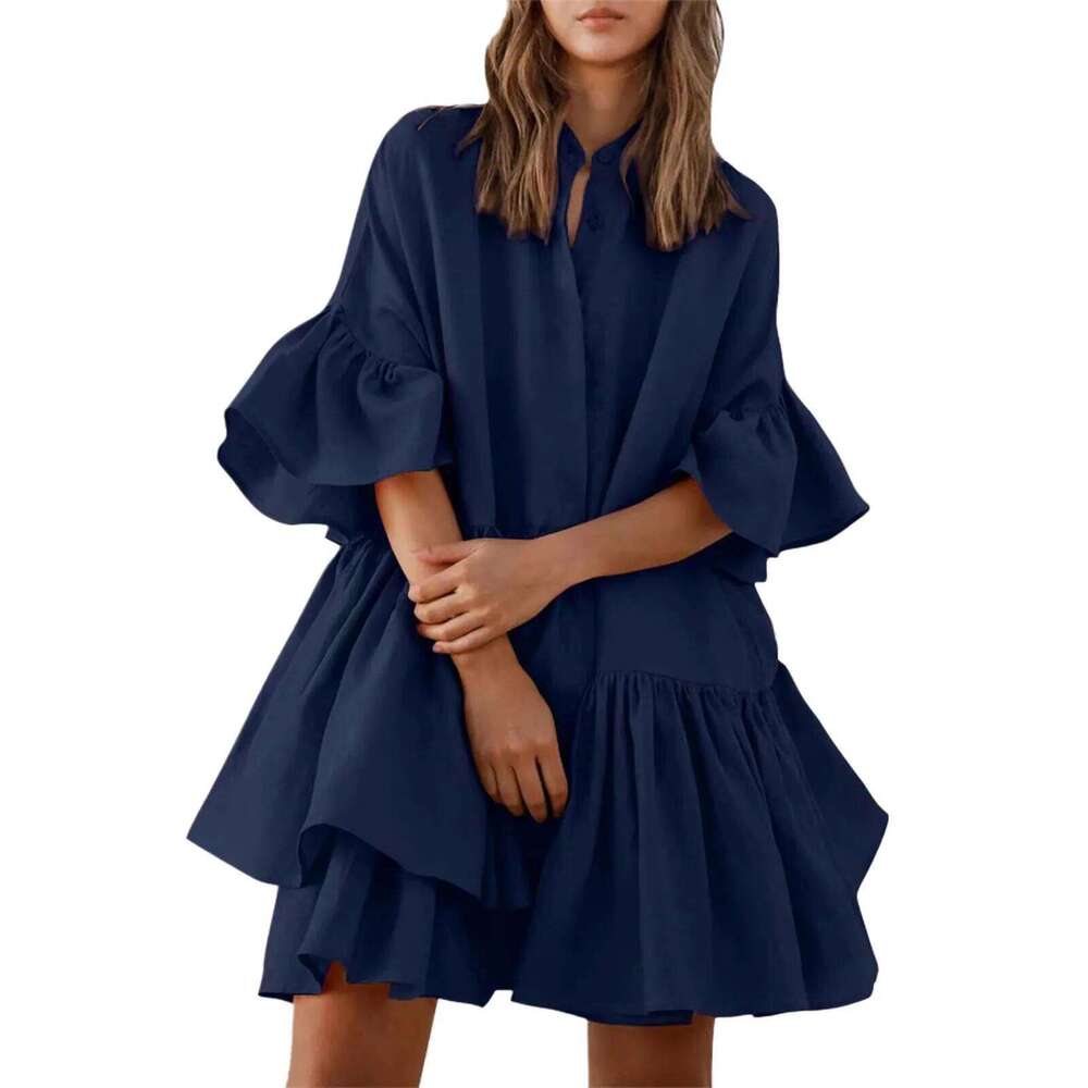 Women's Wear New Women's Loose Shirt Solid Color Flare Sleeve A-Line Pleated Summer Casual Sweet Party Ruffles Dress Robe