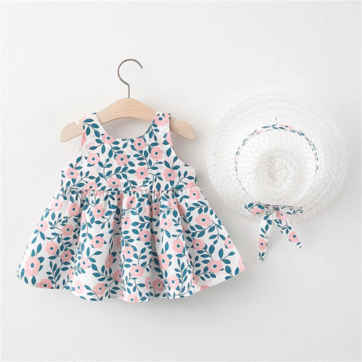 2-Piece Baby Suspender Dress+Sun Hat GirlS Leaf Print Bow Sleeveless Cotton Beach Skirt ChildrenS Aesthetic Daily Clothes X250528